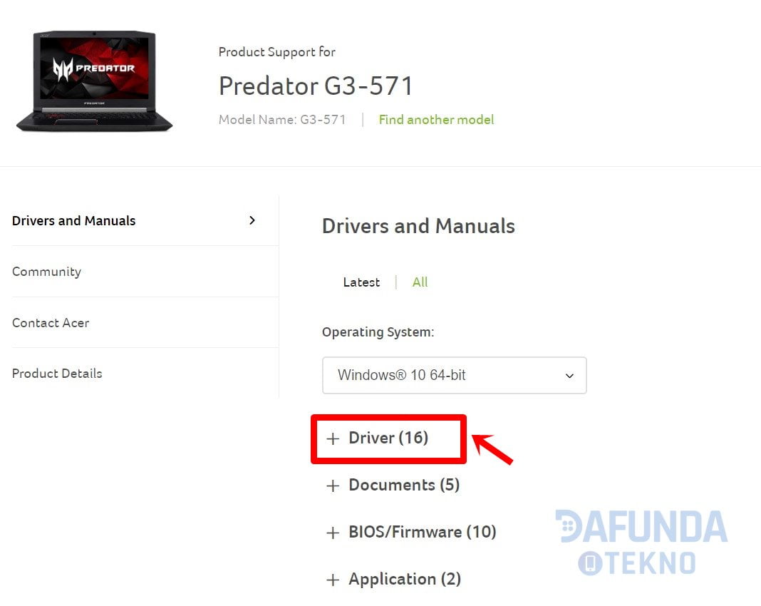 Tampilan Tempat Download Driver Acer Predator