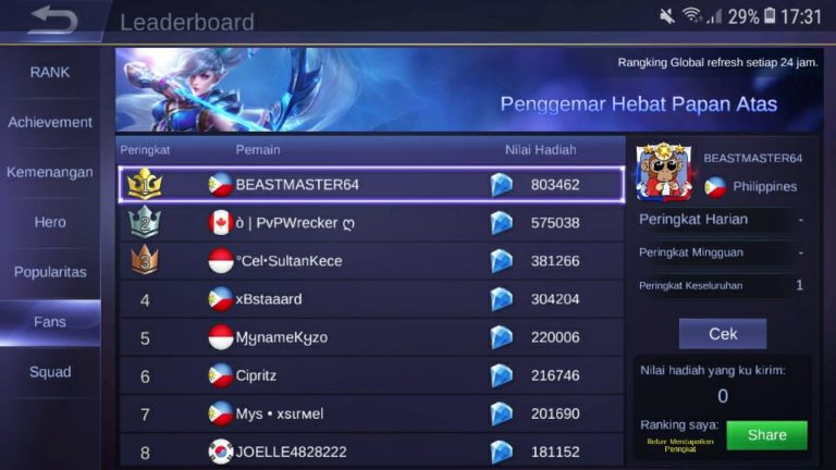 Sultan Mobile Legends Leaderboard