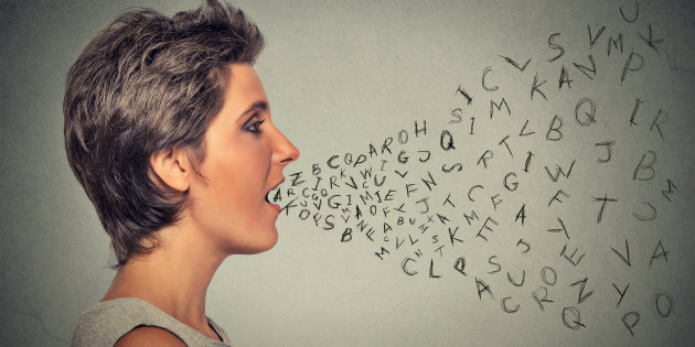 Side Profile Woman Talking With Alphabet Letters Coming Out Of Her Mouth