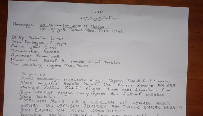Sensen Komara, Pria Asal Garut Yang Mengaku Rasul Dan Akan Dirikan Negara Islam Indonesia! Surat