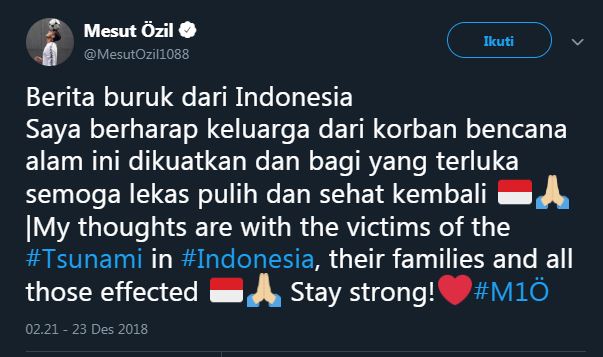 Tsunami Banten, Inilah 5 Atlet Dunia Yang Sampaikan Belasungkawa Kepada Indonesia! Mesut Özil