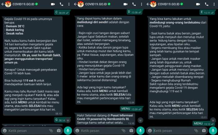 Cara Berkomunikasi Dengan Layanan Chatbot Whatsapp Tentang Covid 19