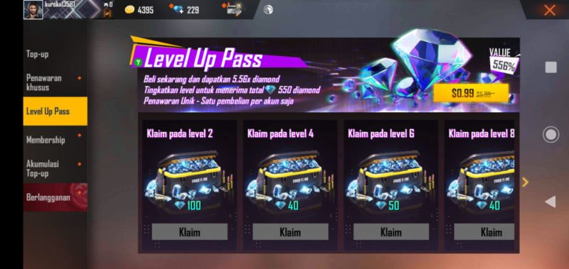 Level Up Pass Ff Diamond Murah