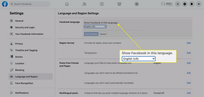 Mengganti bahasa akun Facebook