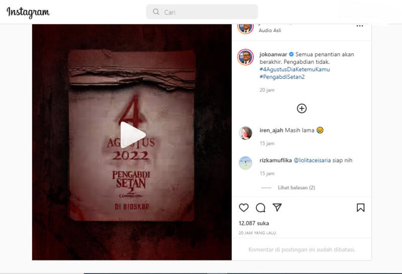 Instagram @jokoanwar Teaser Pengabdi Setan 2