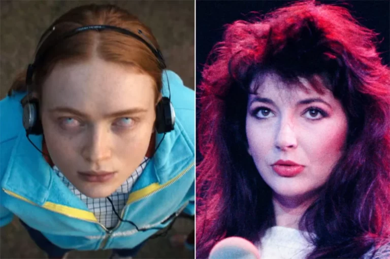 Maxine Mayfield (kiri) melayang sembari mendengarkan lagu Running Up That Hill dari Kate Bush (kanan) | Sportskeeda