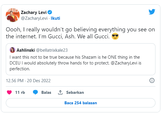 Cuitan Zachary Levi yang merespons ketakutan penggemar terkait nasib Shazam! 2 | Twitter @ZacharyLevi