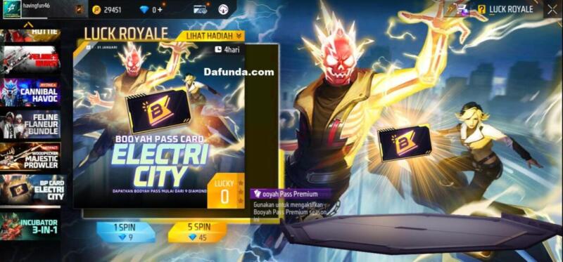 Free Fire event Luck Royale BP Card Electri City | Garena
