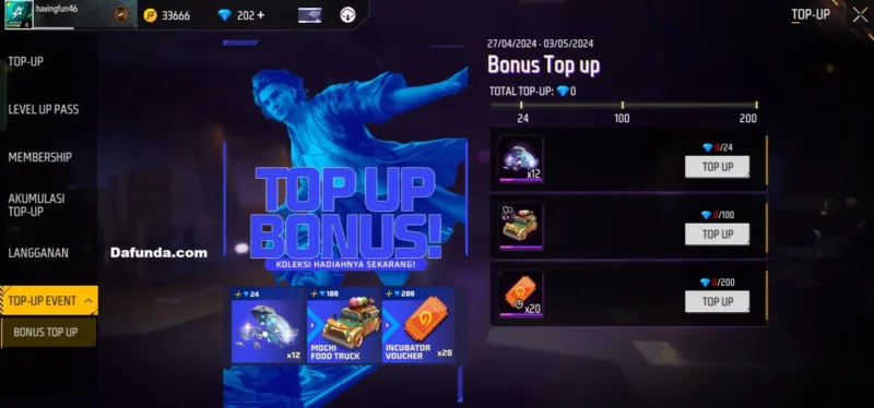 Free Fire Event Bonus Top Up 27 April-3 Mei 2024 | Garena