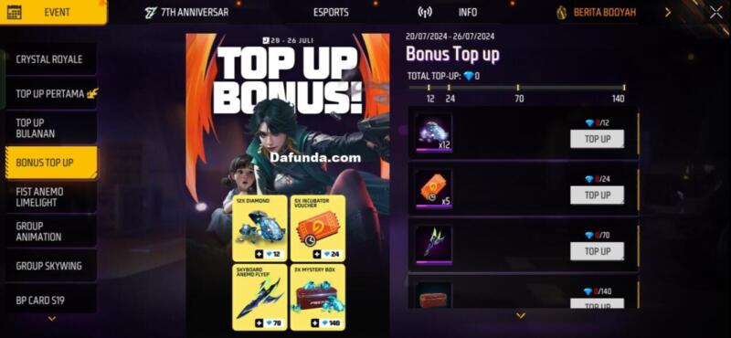 Free Fire event Bonus Top-Up 20-26 Juli 2024 | Garena