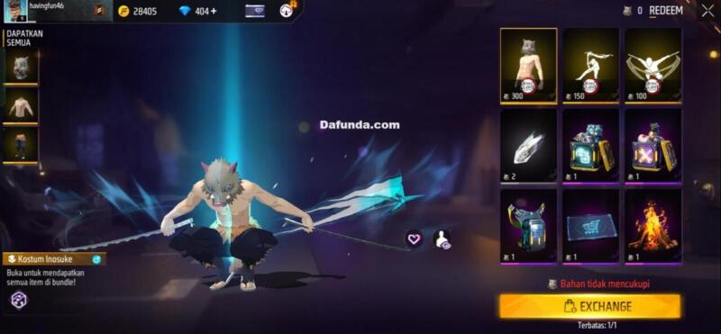 Bundle Free Fire Kostum Inosuke token exchange | Garena