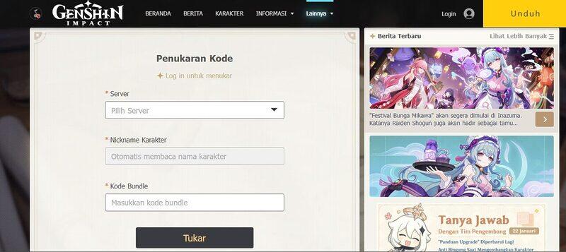 Klaim redeem code Genshin Impact Lewat Website