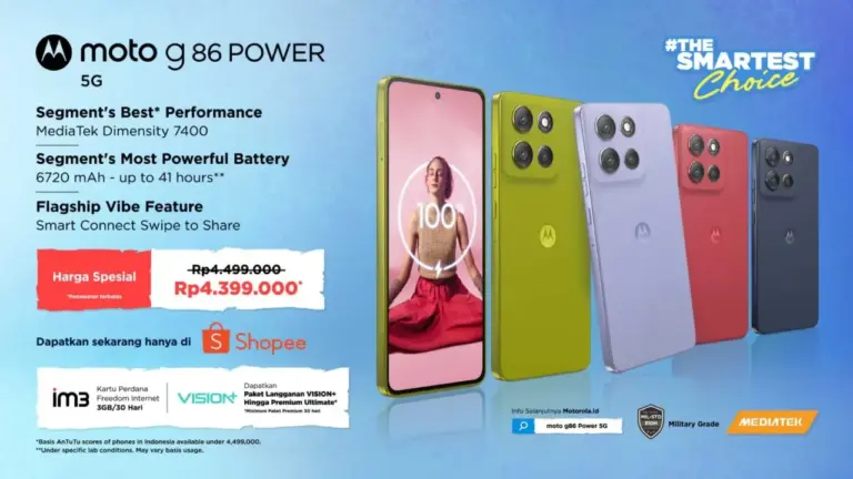 moto g86 power 5G Resmi Dijual di Indonesia: Baterai 6720mAh, Layar 6.7” pOLED 4500 nits, dan Performa AI Tangguh