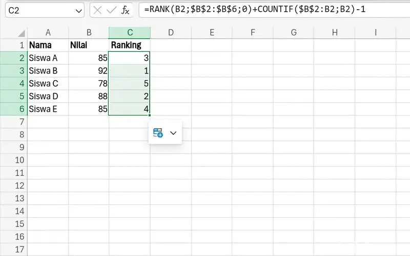 Cara Membuat Ranking Otomatis Di Excel dan Fungsi rumus RANK.EQ dan RANK.AVG