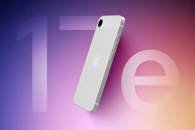 Poster resmi iPhone 17e varian termurah dengan pilihan warna soft pink dan spesifikasi chip A19