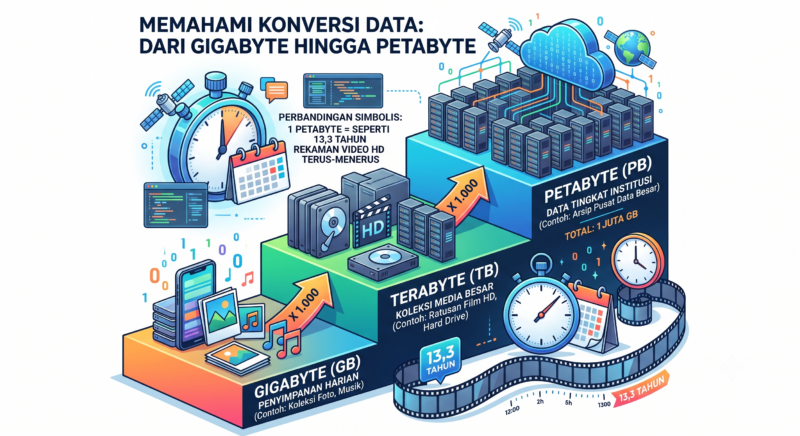 Infografis perbandingan ukuran kapasitas memori 1 petabyte dengan durasi video HD.