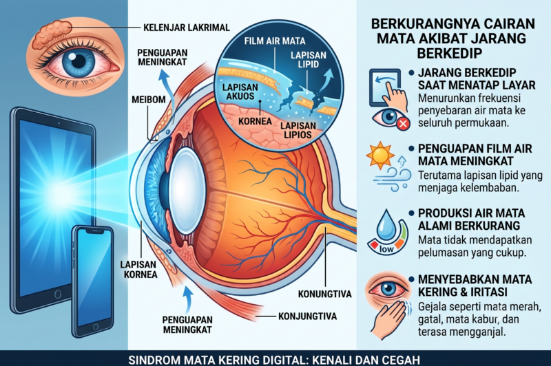 Ilustrasi medis mata lelah akibat paparan bahaya radiasi layar HP dan cahaya biru.