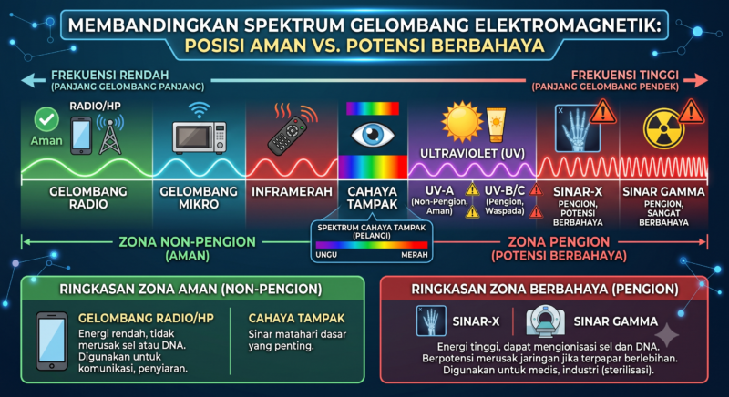 Bagan spektrum gelombang untuk membongkar mitos bahaya radiasi layar HP.