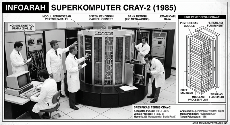 Bentuk fisik raksasa CRAY-2 dalam sejarah perkembangan komputer pertama di dunia.