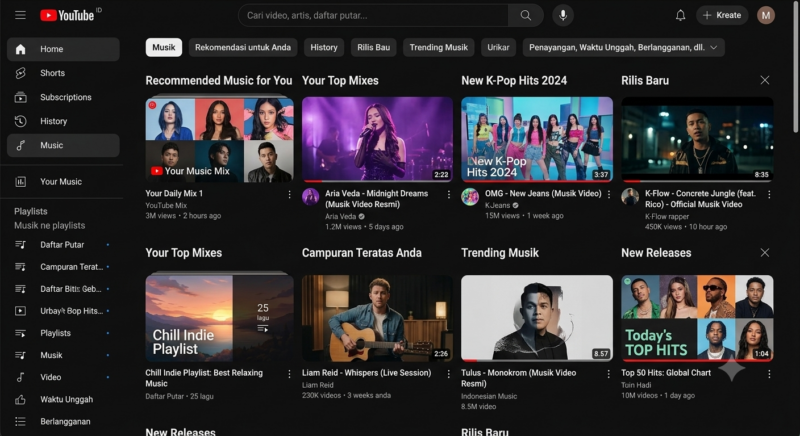 Ilustrasi dominasi konten musik pada platform berbagi video YouTube.