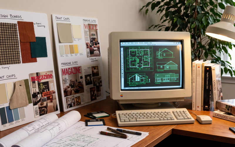 Ilustrasi sejarah unik perancangan desain arsitektur rumah Bill Gates menggunakan komputer Macintosh.