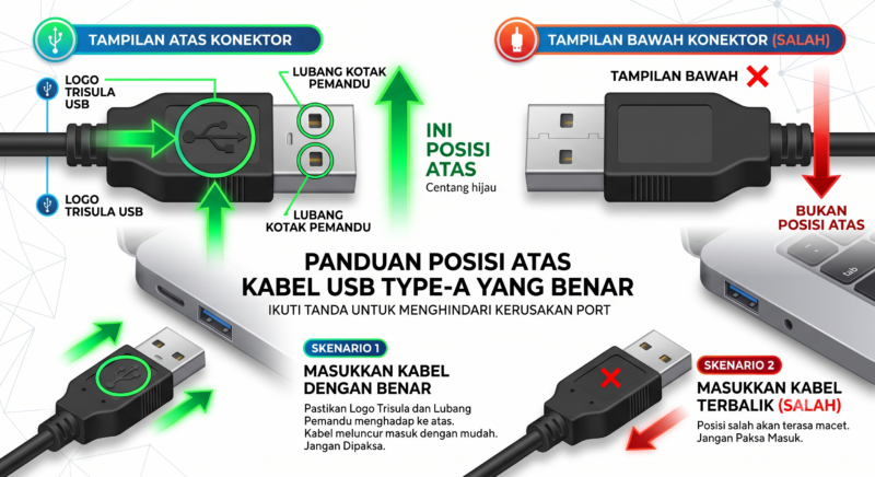 Panduan visual infografis untuk mengatasi masalah mencolokkan USB terbalik.