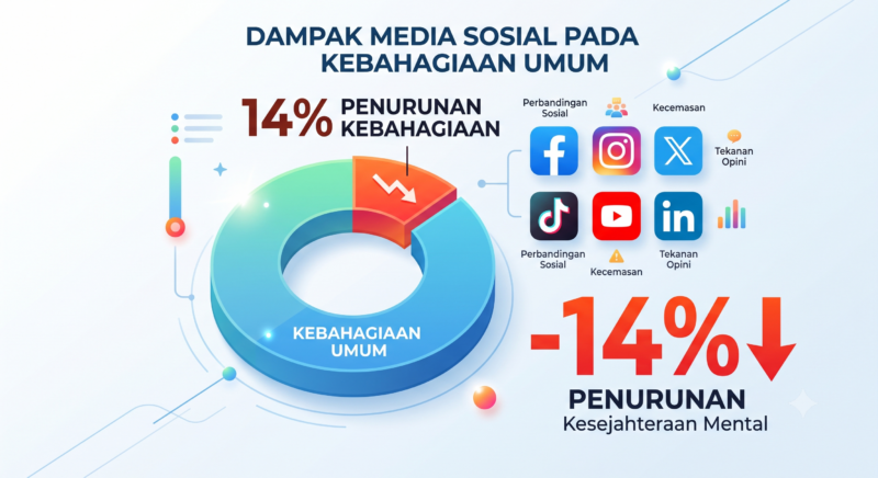 Grafik data riset universitas mengenai penurunan kepuasan hidup akibat paparan media sosial pada anak.