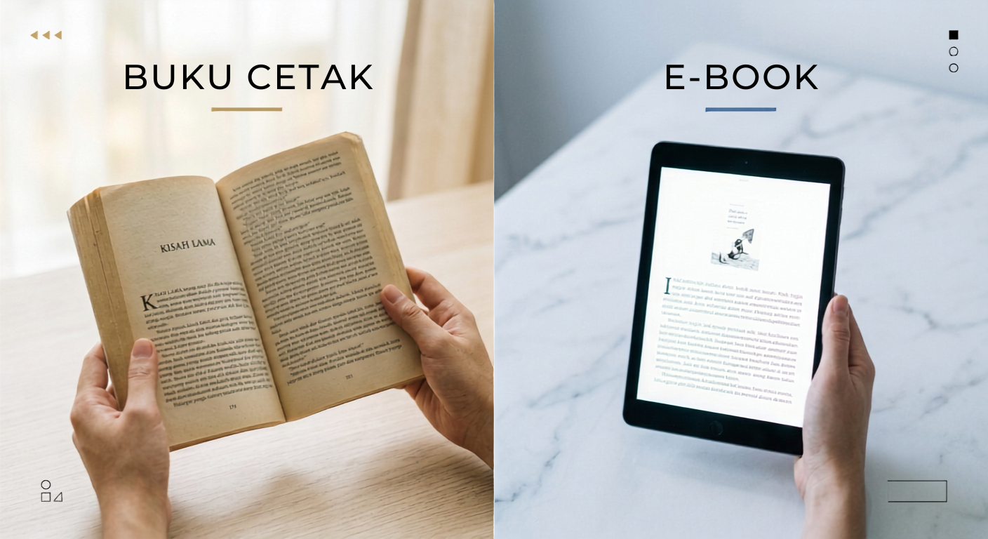 Perbandingan aktivitas membaca buku fisik dengan membaca dari layar gawai digital.