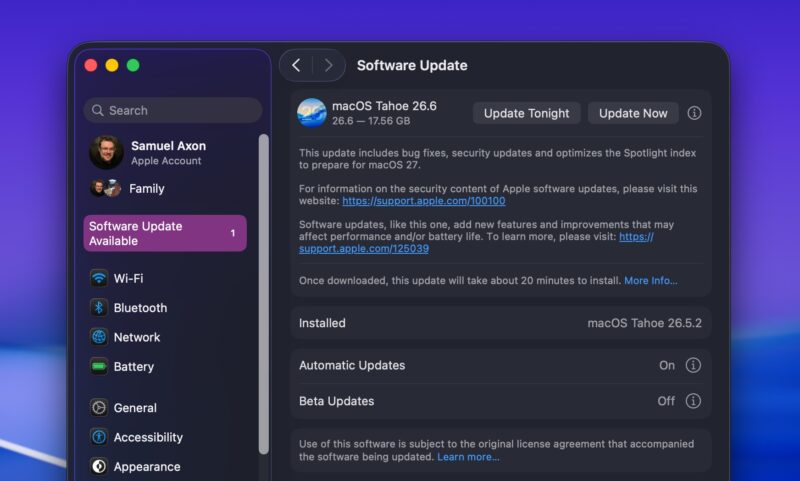 Apple Rilis macOS 26.6, Perbaiki Ratusan Bug 2 Panel pembaruan Pengaturan Sistem di macOS, menampilkan pembaruan macOS 26.6.